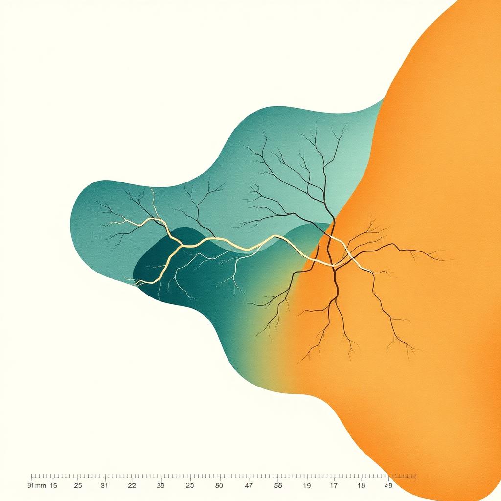 Stylized branching nerve pathway in ink over teal and ochre
