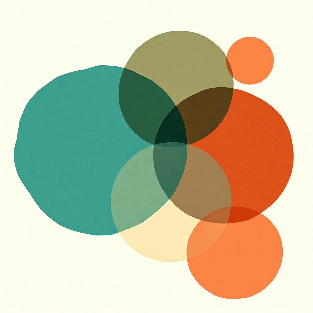 Overlapping translucent circles in teal, terracotta, and sand